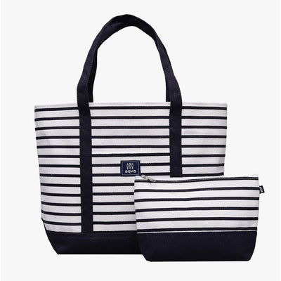 AQVA Cotton Tote Bag with Zippered Pouch-Size: 45.7 x 30.5 x 12.7cm-Material Cotton-Colour Navy blue and white stripes-Chefs Bazaar