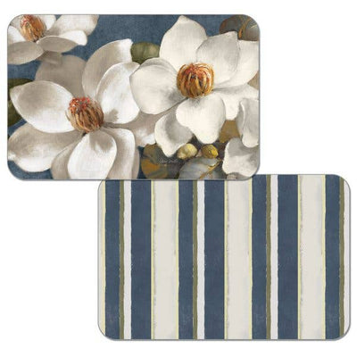 Magnolia On Blue Reversible Easy Care Plastic Placemat - Single Piece-CounterArt and Highland Home-Chefs Bazaar