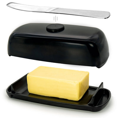 The Butter Hub Magnetic Butter Dish: Black, features a  magnet to hold the knife, a lid that keeps butter mess off the counter, and easy scoop ramps-Size 20.5cm x 9.5cm x 6cm-Chefs Bazaar