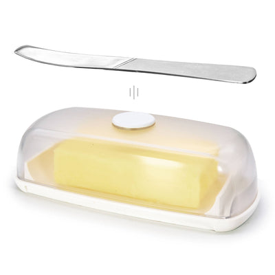 The Butter Hub Magnetic Butter Dish: Clear, features a  magnet to hold the knife, a lid that keeps butter mess off the counter, and easy scoop ramps-Size 20.5cm x 9.5cm x 6cm-Chefs Bazaar