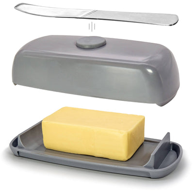 The Butter Hub Magnetic Butter Dish: Grey, features a  magnet to hold the knife, a lid that keeps butter mess off the counter, and easy scoop ramps-Size 20.5cm x 9.5cm x 6cm-Chefs Bazaar