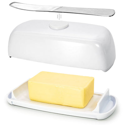 The Butter Hub Magnetic Butter Dish: White, features a  magnet to hold the knife, a lid that keeps butter mess off the counter, and easy scoop ramps-Size 20.5cm x 9.5cm x 6cm-Chefs Bazaar