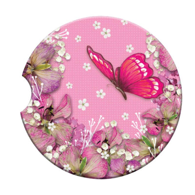 Car Coaster Pink Petals Butterfly-Size 6.5cm-Material Ceramic-Chefs Bazaar