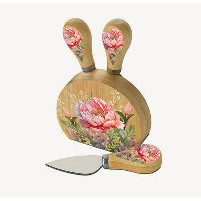 Cheese Knife Block Coral Peony-Material Bamboo-Size 12cm x 10cm x 3cm-Set includes one Block and three Cheese Knives-Chefs Bazaar