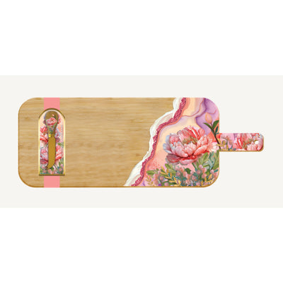 Large Resin Bamboo Cheese Board and Knife Set Coral Peony-Material Bamboo and Resin-Size 55cm x 20cm-Chefs Bazaar