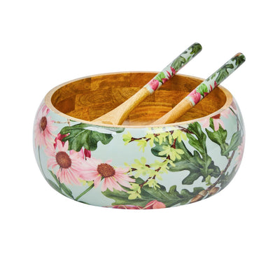 Mango Wood Bowl and Server Set Daisy Green-Bowl 24 x 10cm, Server Length 26cm-Chefs Bazaar