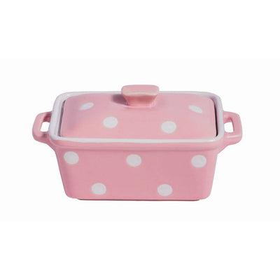 Pink coloured butter dish with dots-Size 16.5cm x 10cm x 8cm-Material Stoneware ceramic-Chefs Bazaar