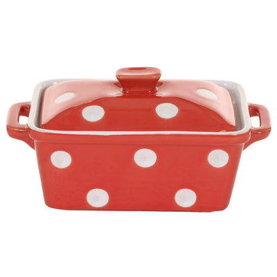 Red coloured butter dish with dots-Size 16.5cm x 10cm x 8cm-Material Stoneware ceramic-Chefs Bazaar