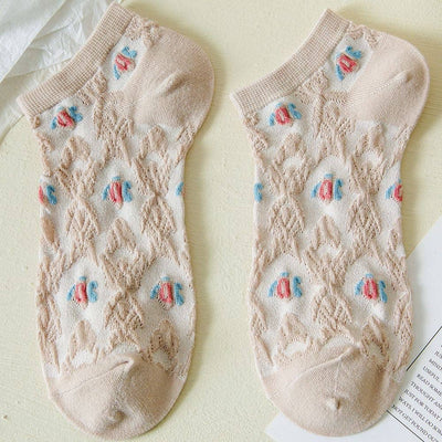 Rufia Vintage Embossed Floral Ankle Socks Rose-Chefs Bazaar