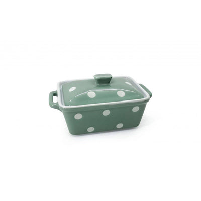 Sage coloured butter dish with dots-Size 16.5cm x 10cm x 8cm-Material Stoneware ceramic-Chefs Bazaar