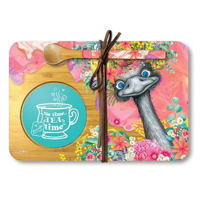 Tea time tray happy Emu-Size 21cm x 14cm-Material Bamboo-Spoon included-Chefs Bazaar
