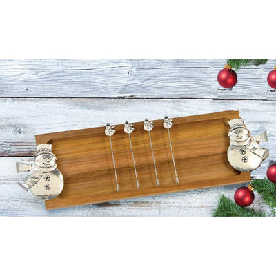 Snowman Themed Serving Cheese Board Set with Matching Picks-Oak & Olive-Chefs Bazaar