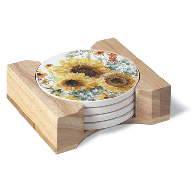 Sunflowers Forever Absorbent Stone Coasters in Wooden Holder-CounterArt and Highland Home-Chefs Bazaar